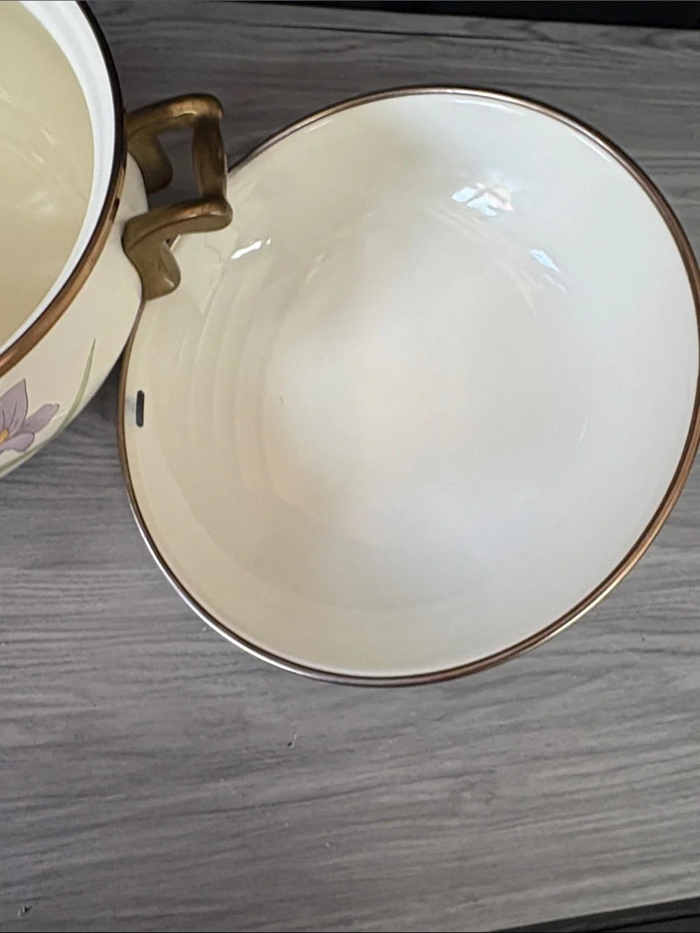 Cream Floral Enamel Pot with Brass Accents